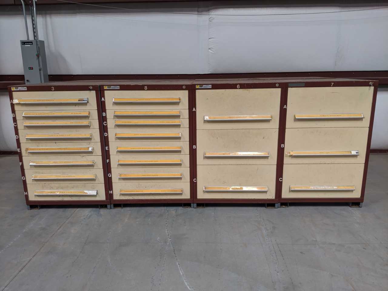 4 STANLEY VIDMAR CABINETS WITH CONTENTS - TAPS, EXTRACTORS, FILES, BANDING TOOLS, CLAMPS - TOOL STORAGE