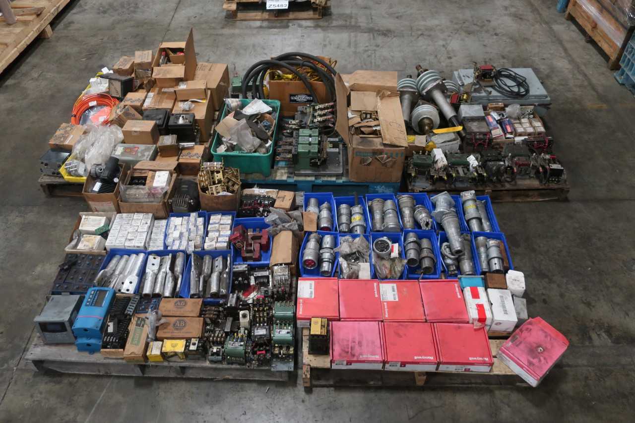 5 PALLETS OF ASSORTED ELECTRICAL BREAKERS TRANSFORMERS RELAYS - ELECTRICAL COMPONENTS