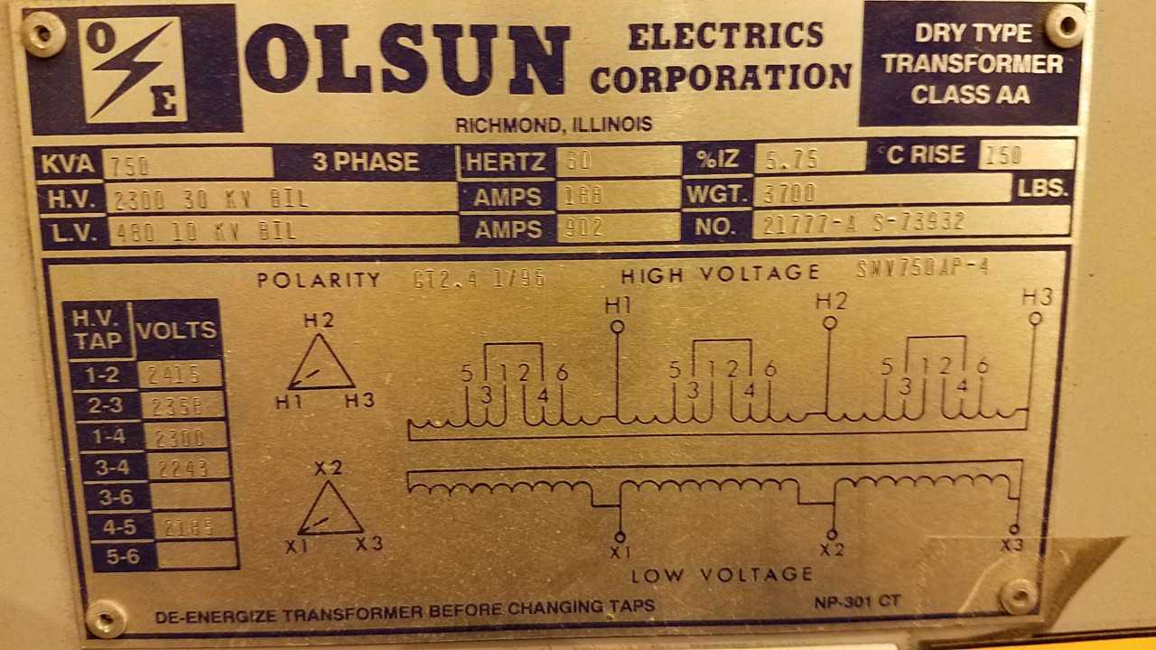 OLSUN 750KVA 2300V-AC 480V-AC DRY TYPE TRANSFORMER - CONTROL TRANSFORMERS