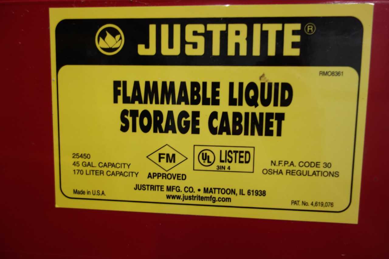 JUSTRITE FLAMMABLE LIQUID STORAGE CABINET WITH CONTENTS - TOOL STORAGE