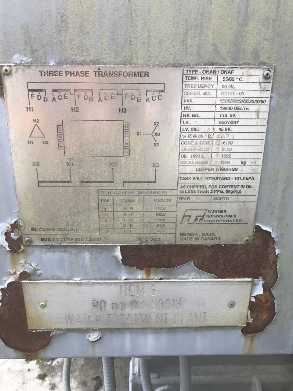 1994 Partner Technologies 2500KVA 13800V-AC Oil Type Transformer - CONTROL TRANSFORMERS