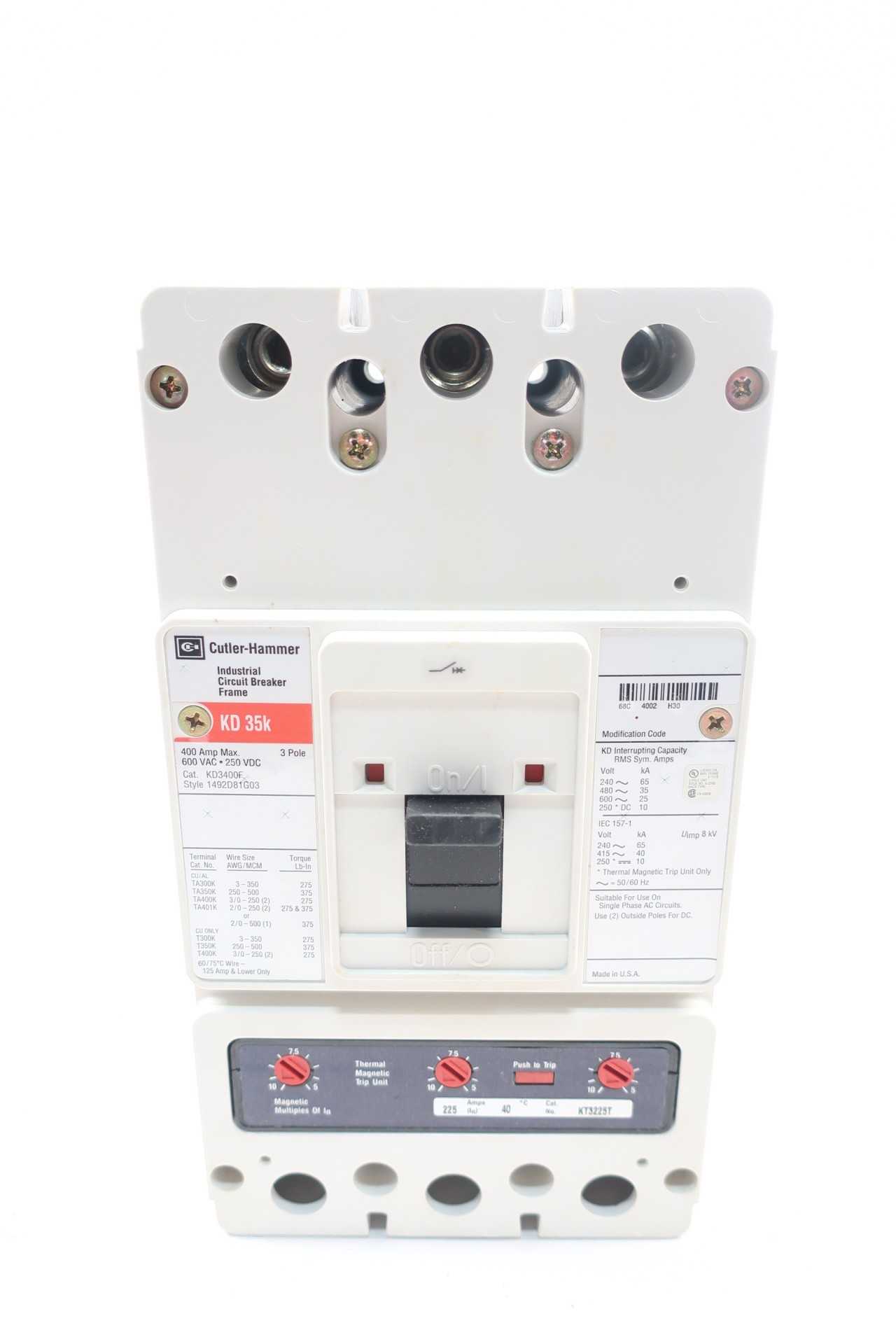 CUTLER HAMMER KD3400F W/ 225A TRIP UNIT 3P 400A AMP 600V-AC MOLDED CASE CIRCUIT BREAKER - CIRCUIT BREAKERS