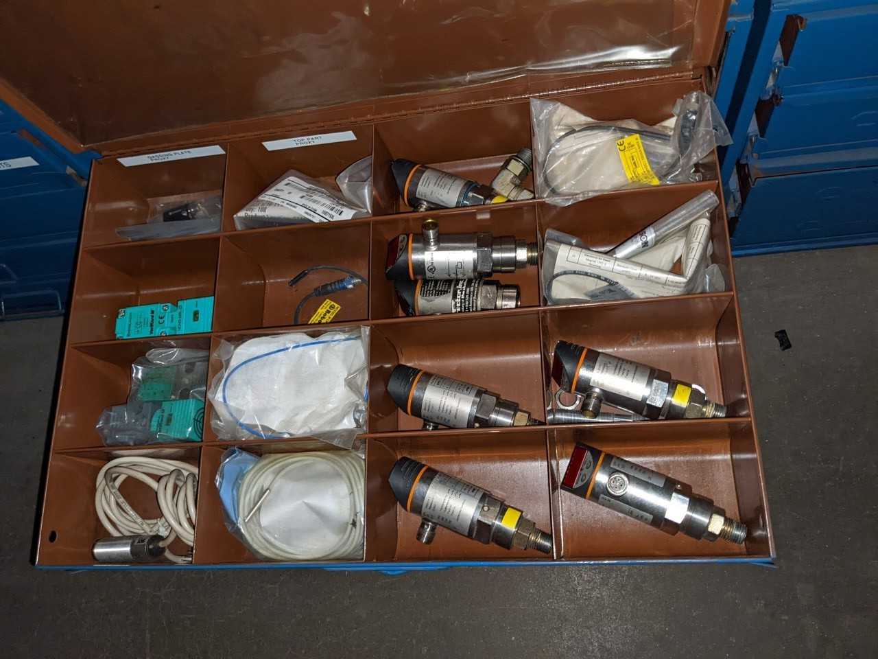 LOT OF 3 SECTIONS OF BIN ORGANIZERS WITH CONTENTS, BOLTS, SENSORS, - INDUSTRIAL PARTS