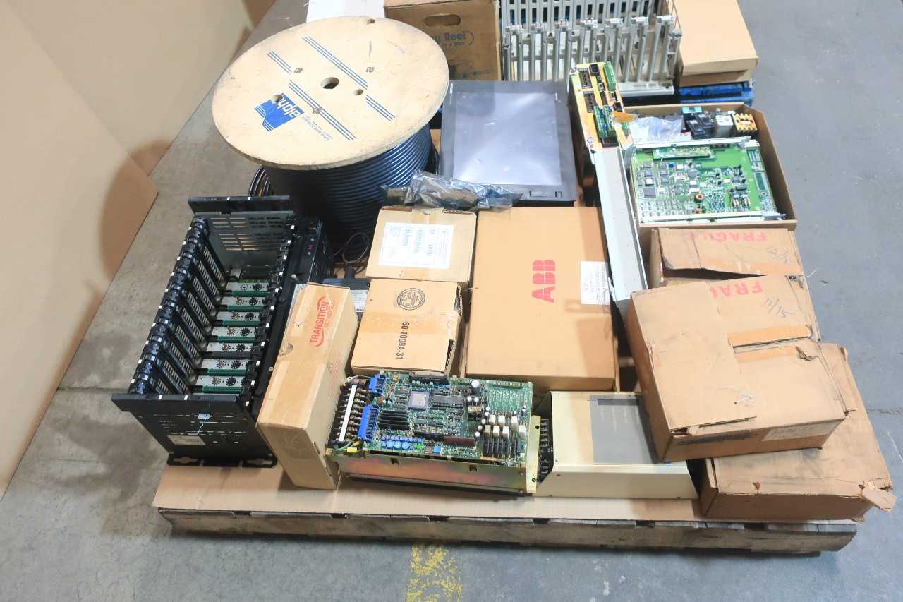 2 PALLETS OF ASSORTED ELECTRICAL CIRCUIT BOARDS, CABLE- WIRE CONTROLS, INPUT MODULES, SWITCH CONTROLS, POWER SUPPLY MODULE, SENSOR, CABLE-WIRE, SERVO CONTROLLER, SERVO DRIVE- BS&B, GE FANUC, BAILEY, ABB, YASKAWA - AUTOMATION & CONTROLS