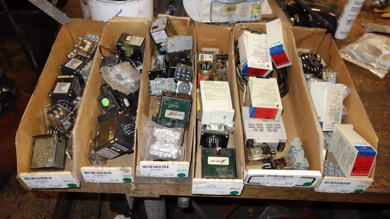 LOT OF 6 TOTES OF ASSORTED ELECTRICAL RELAYS, ACTION INSTRUMENTS - ELECTRICAL COMPONENTS
