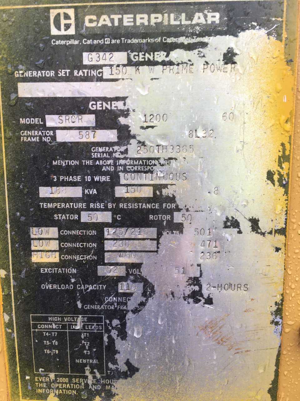 Caterpillar G342 150KW Generator - STANDBY POWER GENERATOR