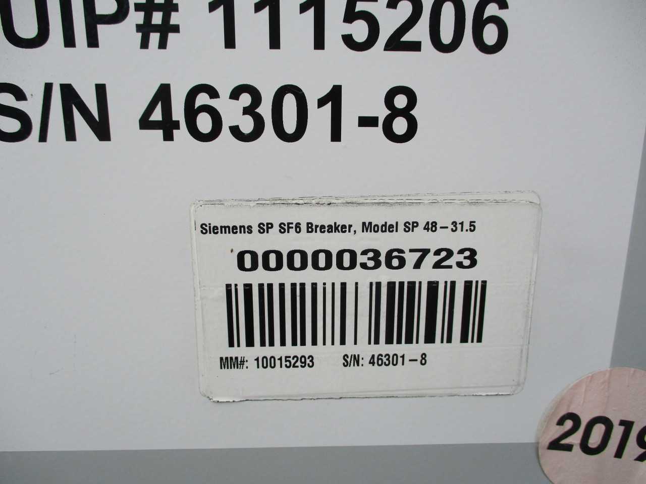 1990 Siemens SP SF6 breaker. Type SP48.3-31.5-3. 48kv, 31.5ka, 1200A - CIRCUIT BREAKERS