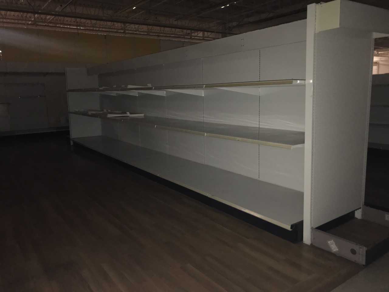 LOT OF WHITE SHELVING 3 SECTION W/ BACK WALL - SHELVING