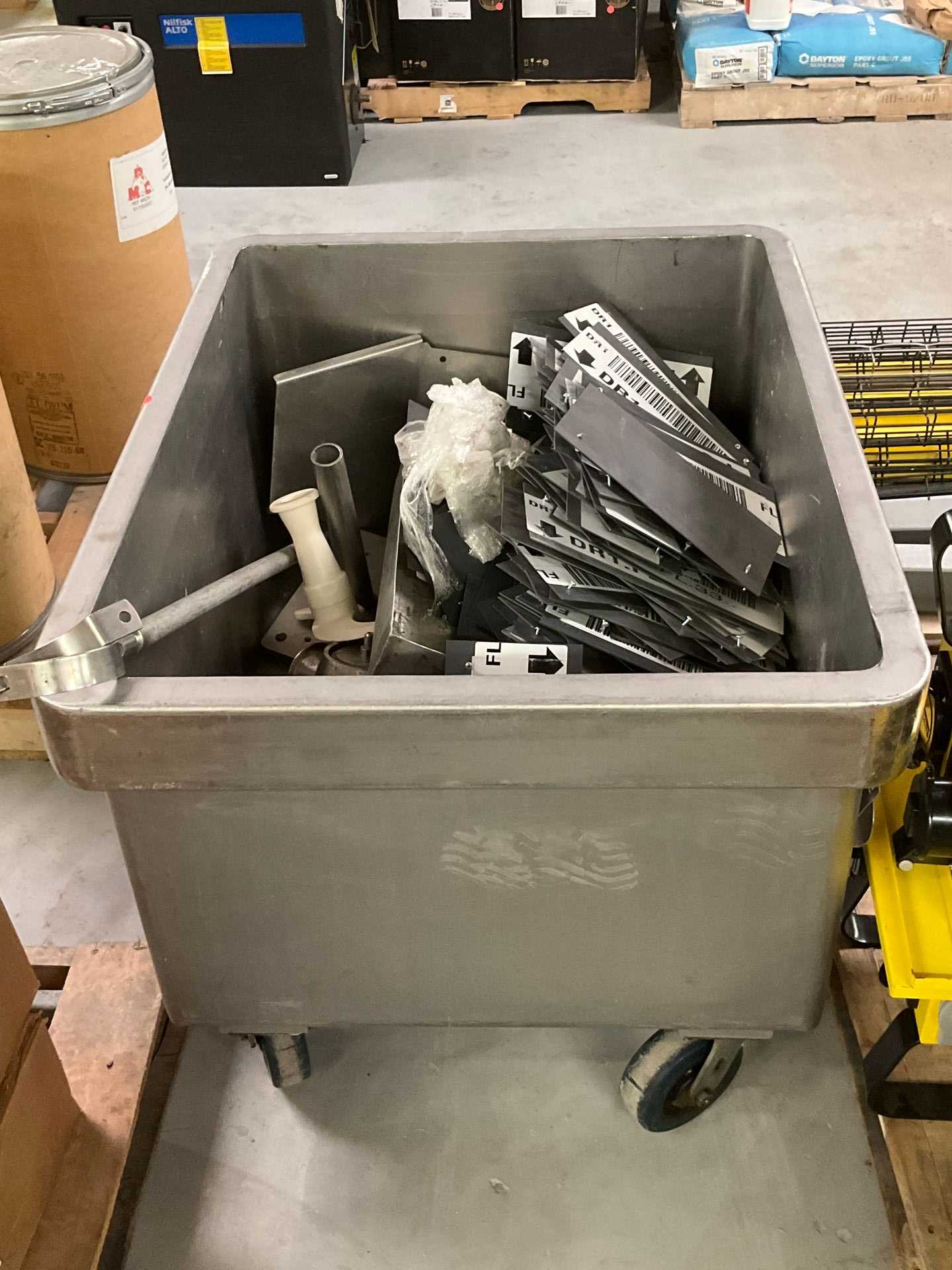 Rolling Metal Bin with Miscellaneous Contents