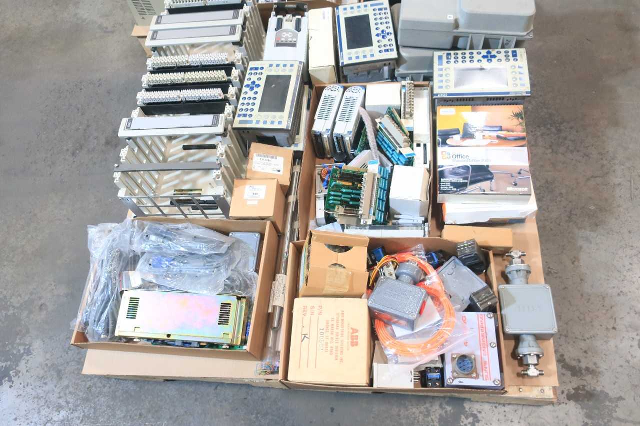2 PALLETS OF ASSORTED ELECTRICAL CIRCUIT BOARDS, MOTOR DRIVE, INTERFACE PANEL CONTROLS, OPERATOR INTERFACE PANEL, CHASSIS RACK CONTROLS- MITSUBISHI, TOBISHA, AEG MODICON, TELEMECANIQUE, SIMPLEX, ABB - AUTOMATION & CONTROLS