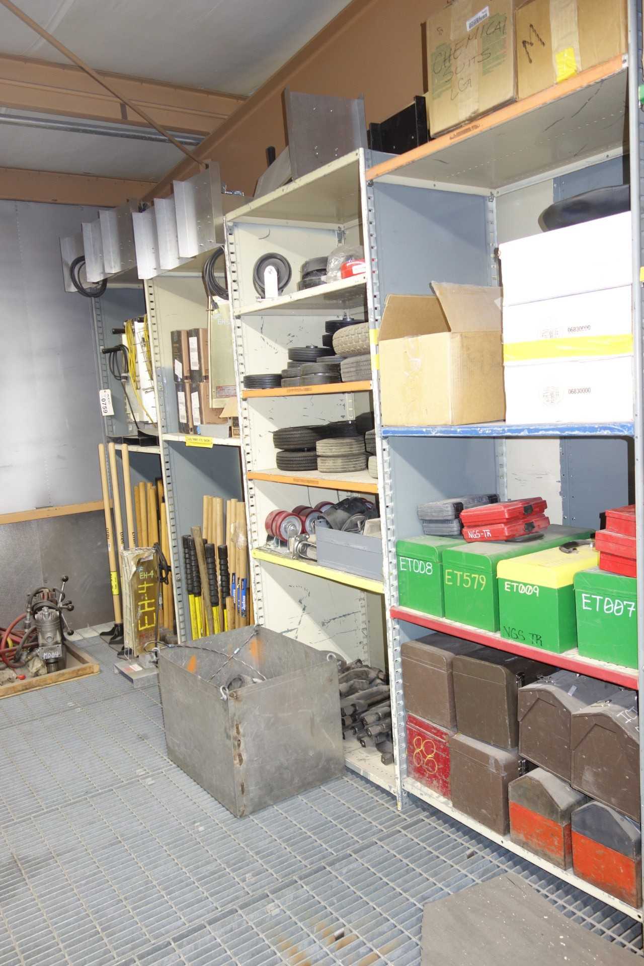 Contents of 4x shelving - portable heaters, hammers, tires, tool boxes - SHELVING