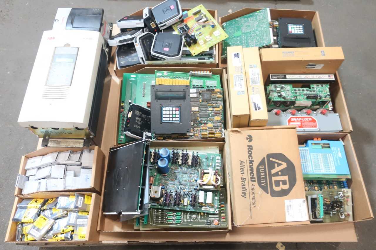 1 PALLET OF ASSORTED ELECTRICAL CIRCUIT BOARDS, DELTA V CARDS, MODULES, MOTOR DRIVE, DRIVE SERVO, SWITCH CONT., EDGE DETECTING SENSOR CONTROLS- MITSUBISHI, ABB, EMERSON, DELTAV, YASKAWA - AUTOMATION & CONTROLS