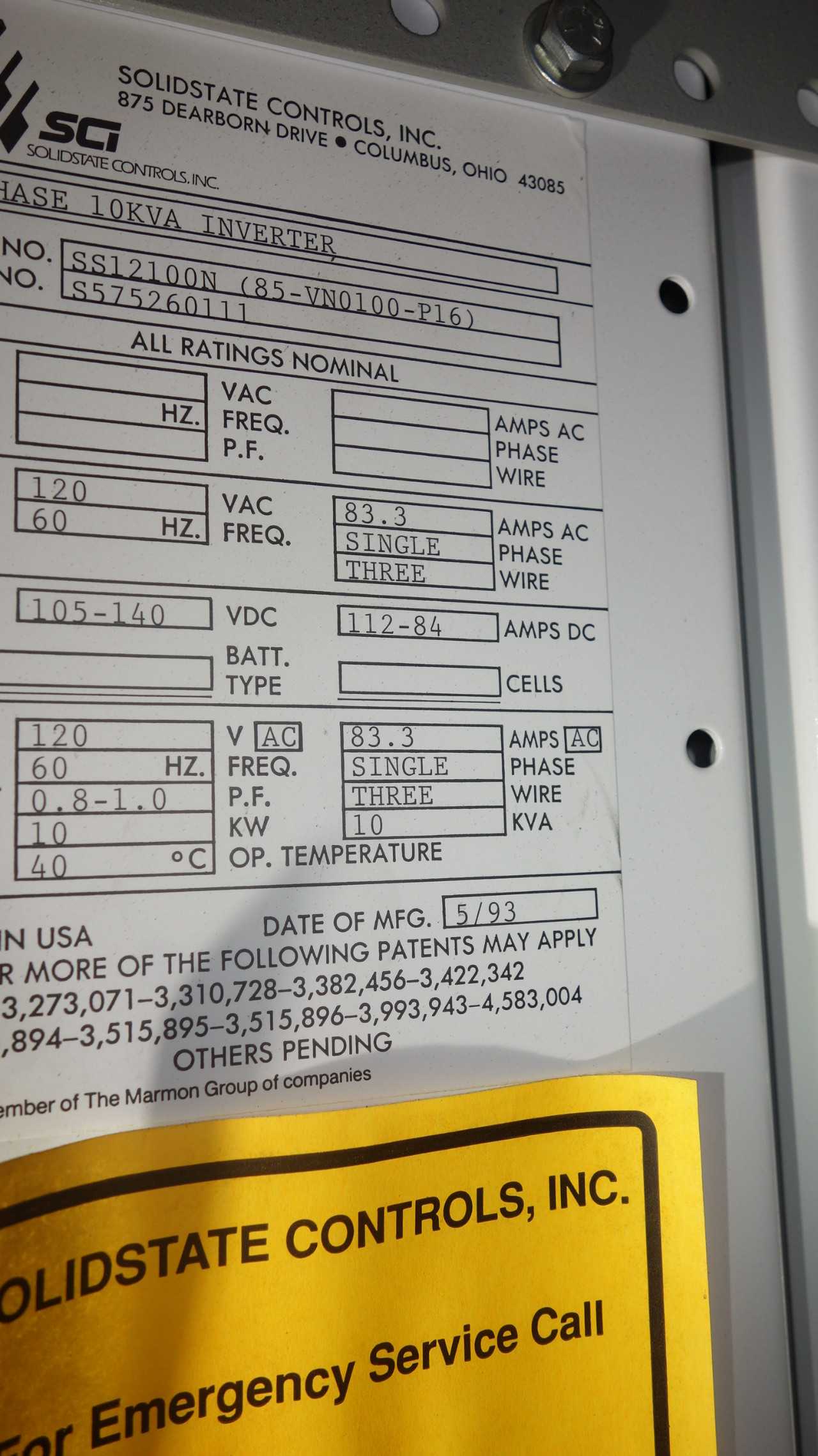 LOT OF 3 SOLIDSTATE SS12100N 10 KVA INVERTERS 120V-AC - ELECTRICAL COMPONENTS