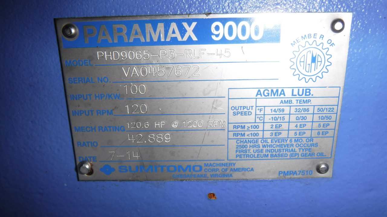 100 HP Sumitomo Gear Reducer Model PDH9065P3-RLF-45 - GEAR REDUCERS