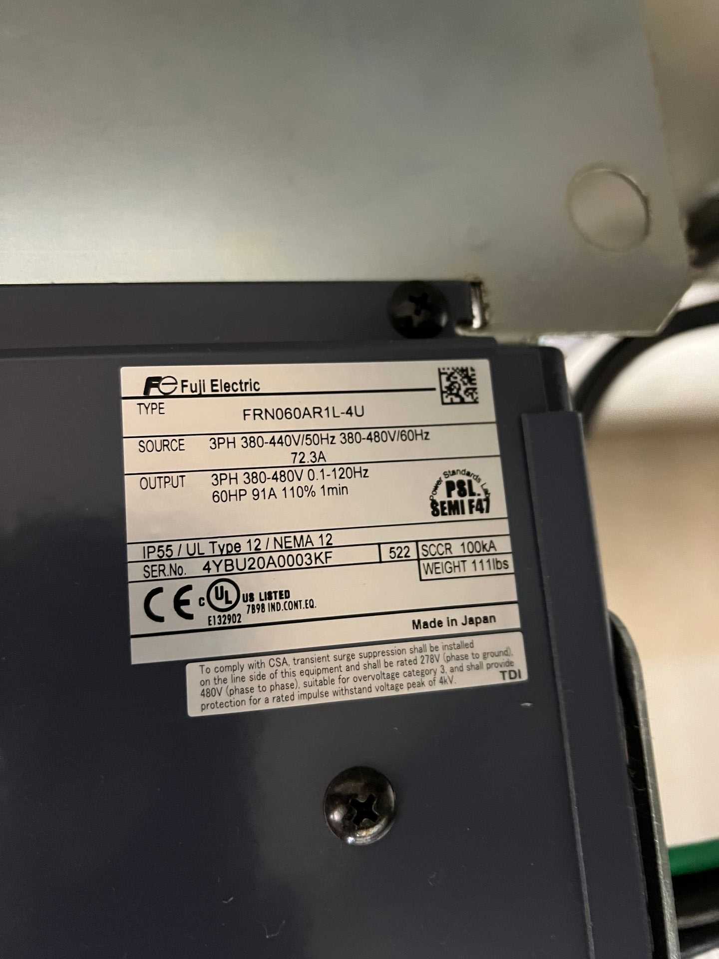 FUJI FRN060AR1L-4U 60HP 480V VFD - MOTOR DRIVES