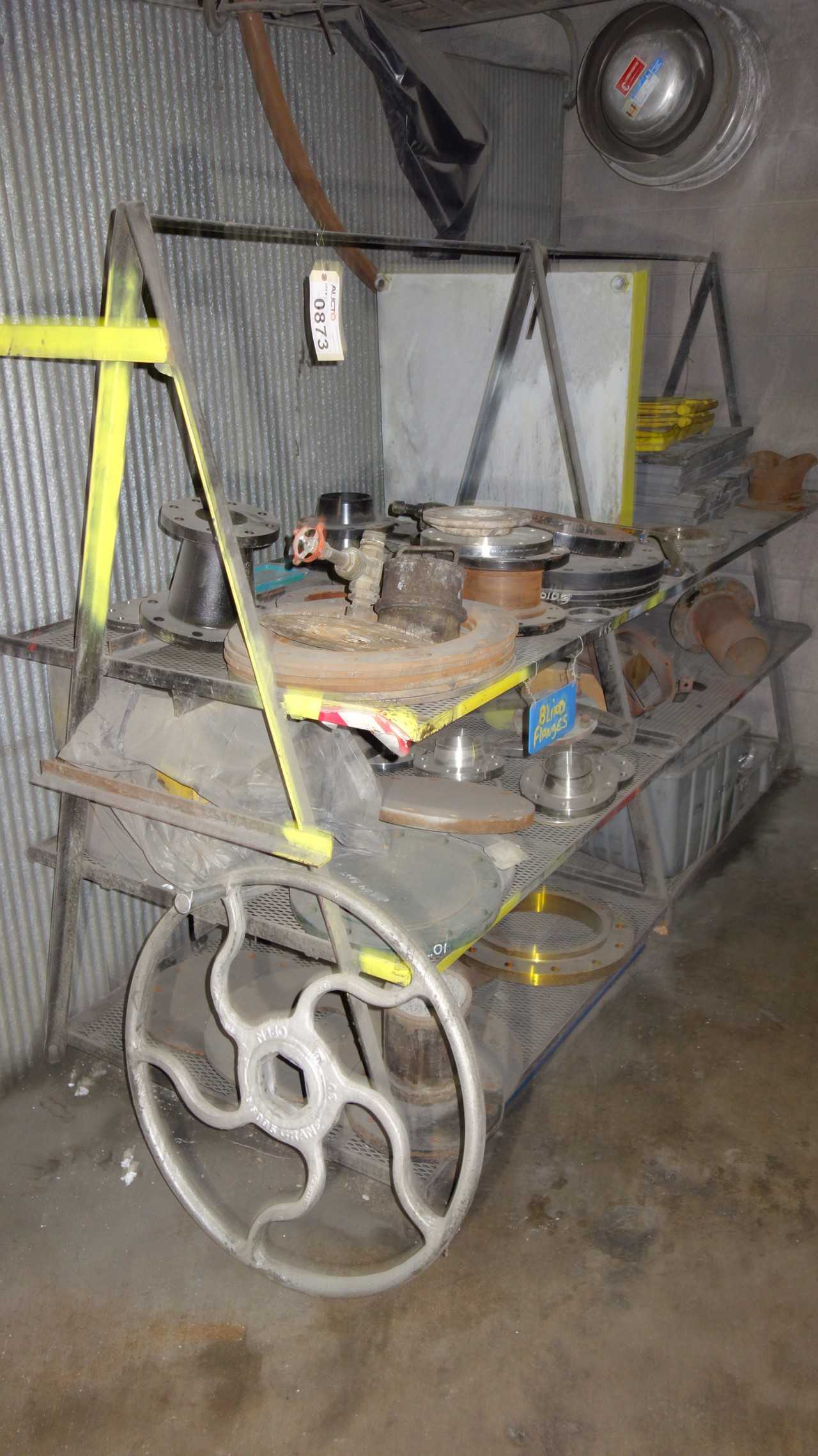 ASSORTED STEEL PIPE FLANGES, BLINDS WITH SHELVING - MISCELLANEOUS