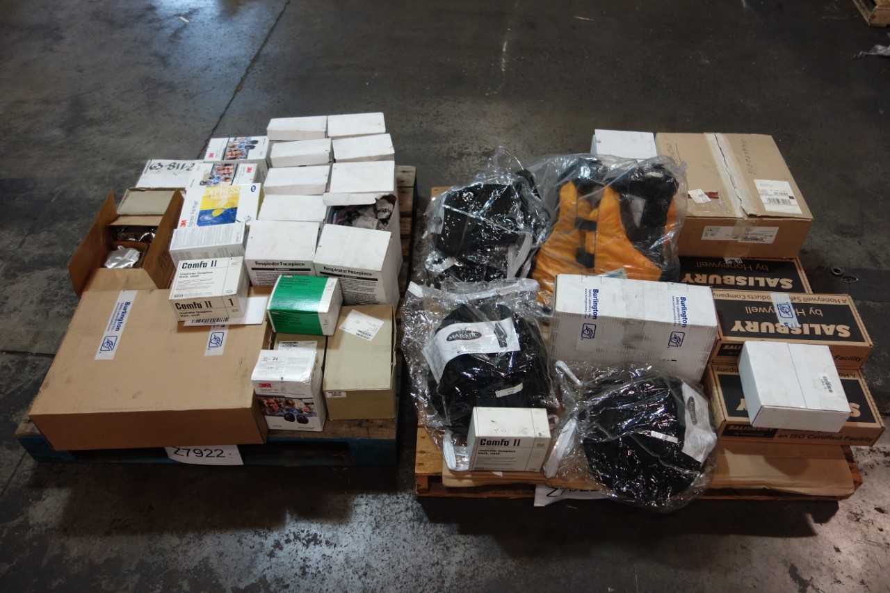 2 PALLETS OF ASSORTED SAFETY EQUIPMENT, FACE SHIELD, HIGH VOLTAGE GLOVES, RESPIRATOR, RUBBER OVERSHOES, EAR PROTECTION, LIFE VEST, MISC - 3M - SAFETY EQUIPMENT