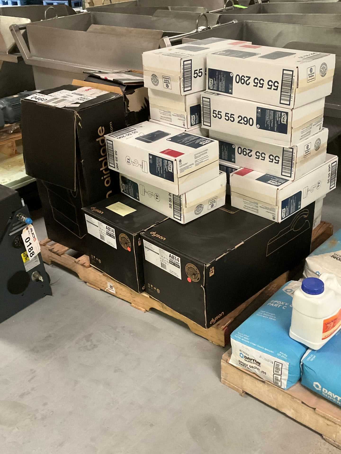 Pallet of Dyson Electric Hand Dryers and Tork Bath Tissue Dispensers