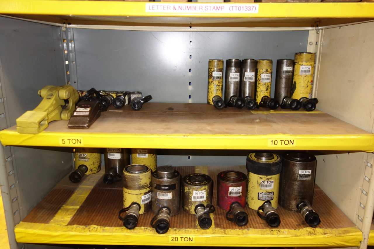 Contents of 3x sections shelving - hydraulic rams, adapters, hoses, and attachments - SHELVING