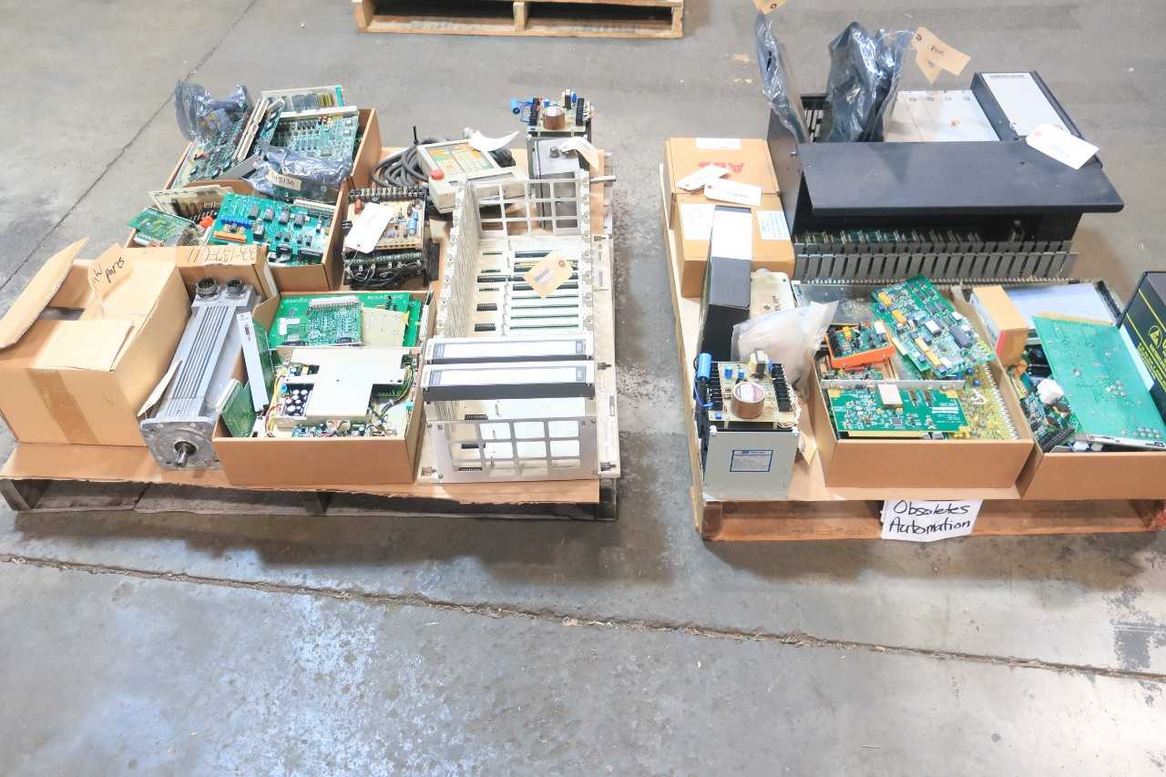 2 PALLETS OF ASSORTED ELECTRICAL CIRCUIT BOARDS, CONTROLS, TEACH PENDANT ROBOT, SENSOR, SERVO MOTOR, AMP OPERTATOR INTERFACE PANEL, CHASSIS RACK CONT, LINEAR VARIABLE DIFFERENTIAL TRANSDUCER, CHASSIS MODULE- ABB, HONEYWELL, INGERSOLL RAND, NACHI, ENTEK, M - AUTOMATION & CONTROLS