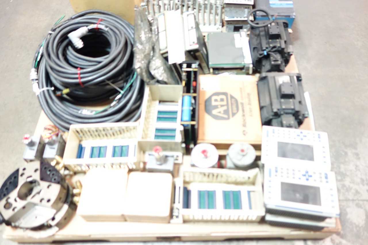 2 PALLETS OF ASSORTED ELECTRICAL SERVO MOTORS, CABLE-WIRE CONTROLS, RACK CONTROLS, VIBRATION SWITCH- ALLEN BRADLEY, GENERAL ELECTRIC, OMRON - ELECTRICAL COMPONENTS