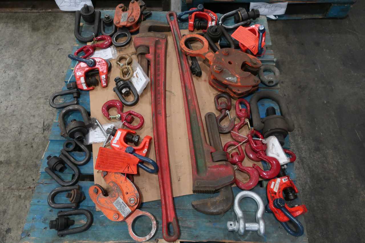 3 PALLETS OF ASSORTED HOISTING RIGGING & TOOLS CLAMPS WRENCHES CLEVIS'S HOOKS - LIFTING EQUIPMENT