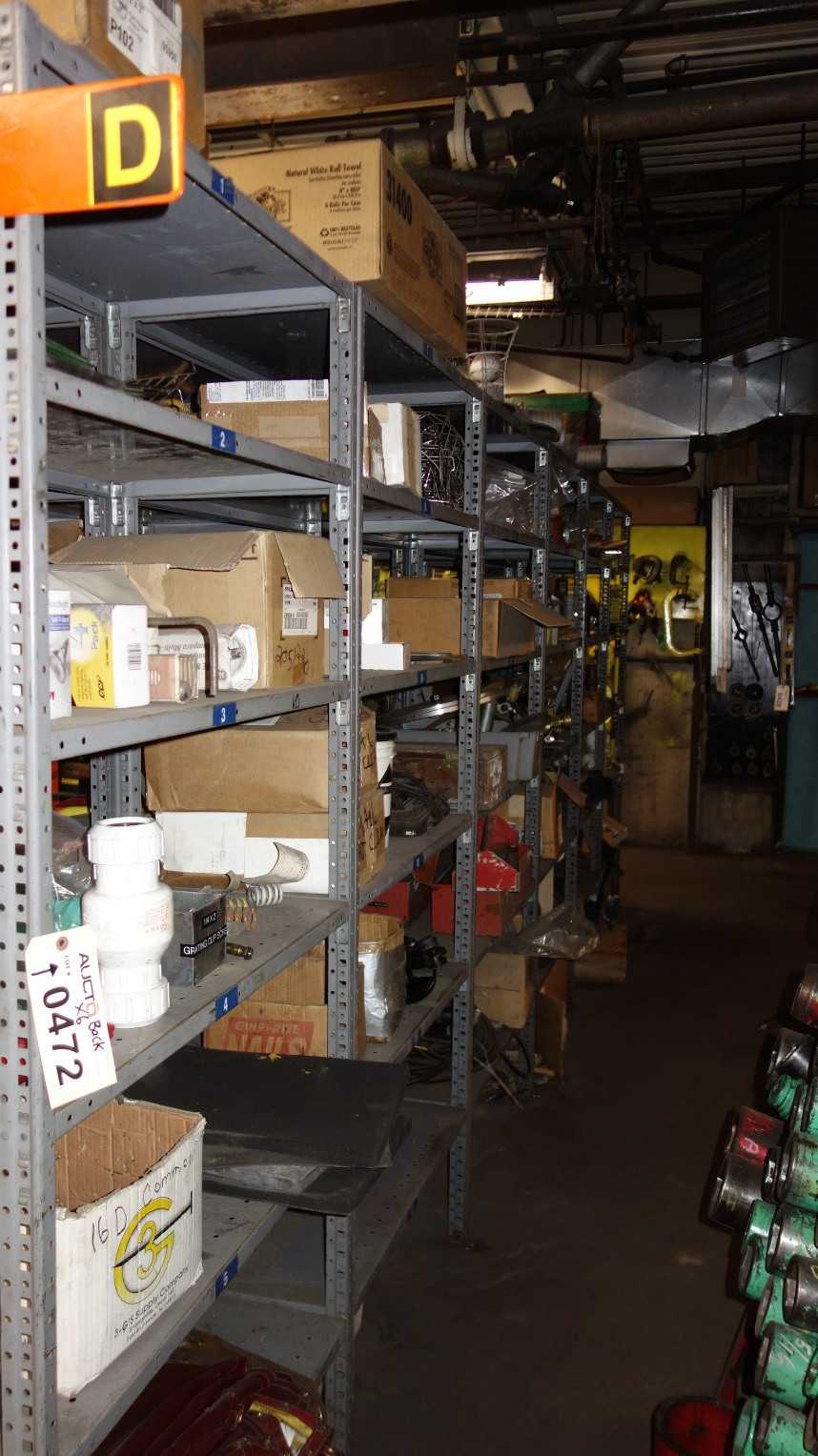 CONTENTS OF 6 SHELVING SECTIONS ASSORTED BULBS BLOCKS CLAMPS AND FITTINGS - INDUSTRIAL PARTS
