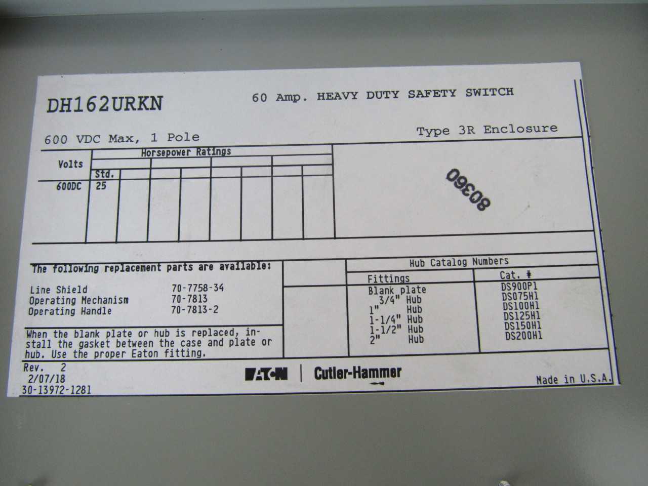 Quantity of 1x DH162URKN Switches - ELECTRICAL COMPONENTS