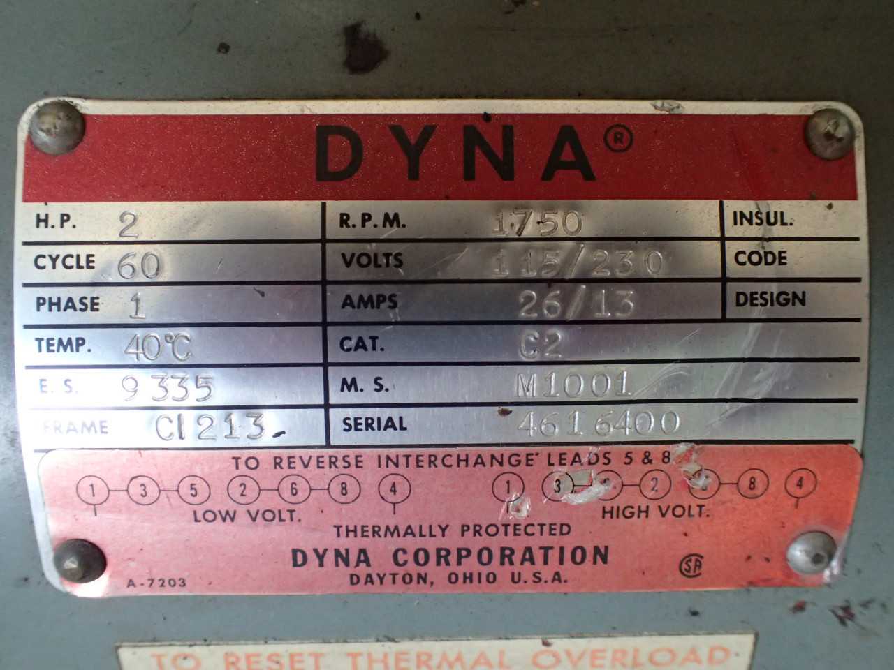 Dyna 2-HP Electric Motor: 1750-RPM 115/230v 26/13A 1-Phase Frame CI213 - ELECTRIC MOTORS