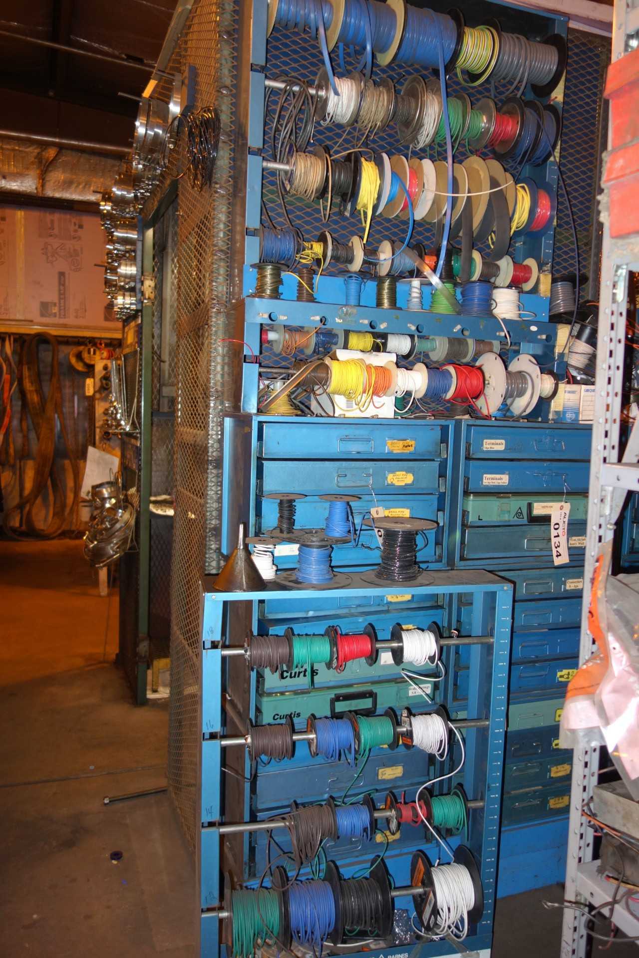 CONTENTS OF SHELVING, ASSORTED WIRE SPOOLS (ONLY INCLUDES 2 SECTIONS OF WIRE) - TOOL STORAGE