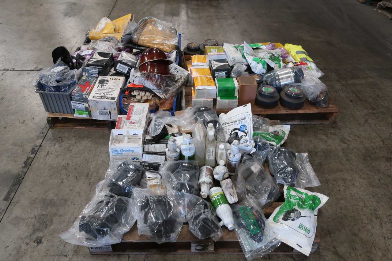 3 PALLETS OF ASSORTED SAFETY EQUIPMENT HEAD PROTECTION EYE PROTECTION GLOVES RESPIRATORS BOOTS FILTERS - SAFETY EQUIPMENT
