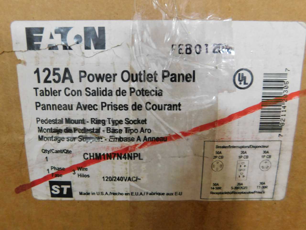 Quantity of 1 New Surplus Eaton CHM1N7N4NPL Power Outlet Panel 125A 120V 3 Wire - ELECTRICAL COMPONENTS