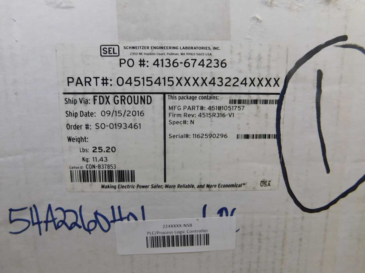 (1) SEL 224XXXX PLC Control SEL-4515 125VDC 50/60Hz - AUTOMATION & CONTROLS