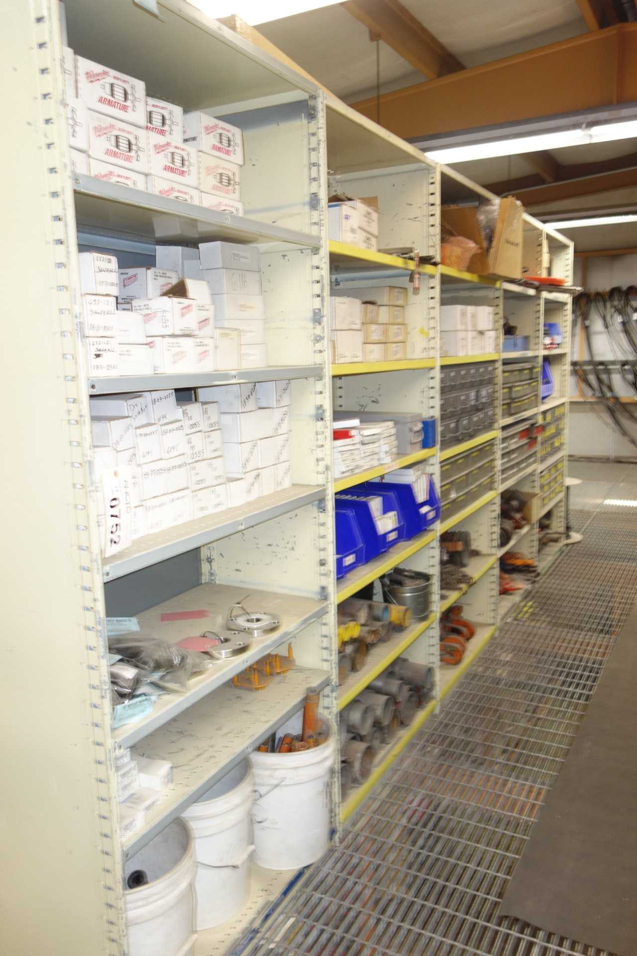Contents of 5x sections shelving - power tool parts, shims - SHELVING