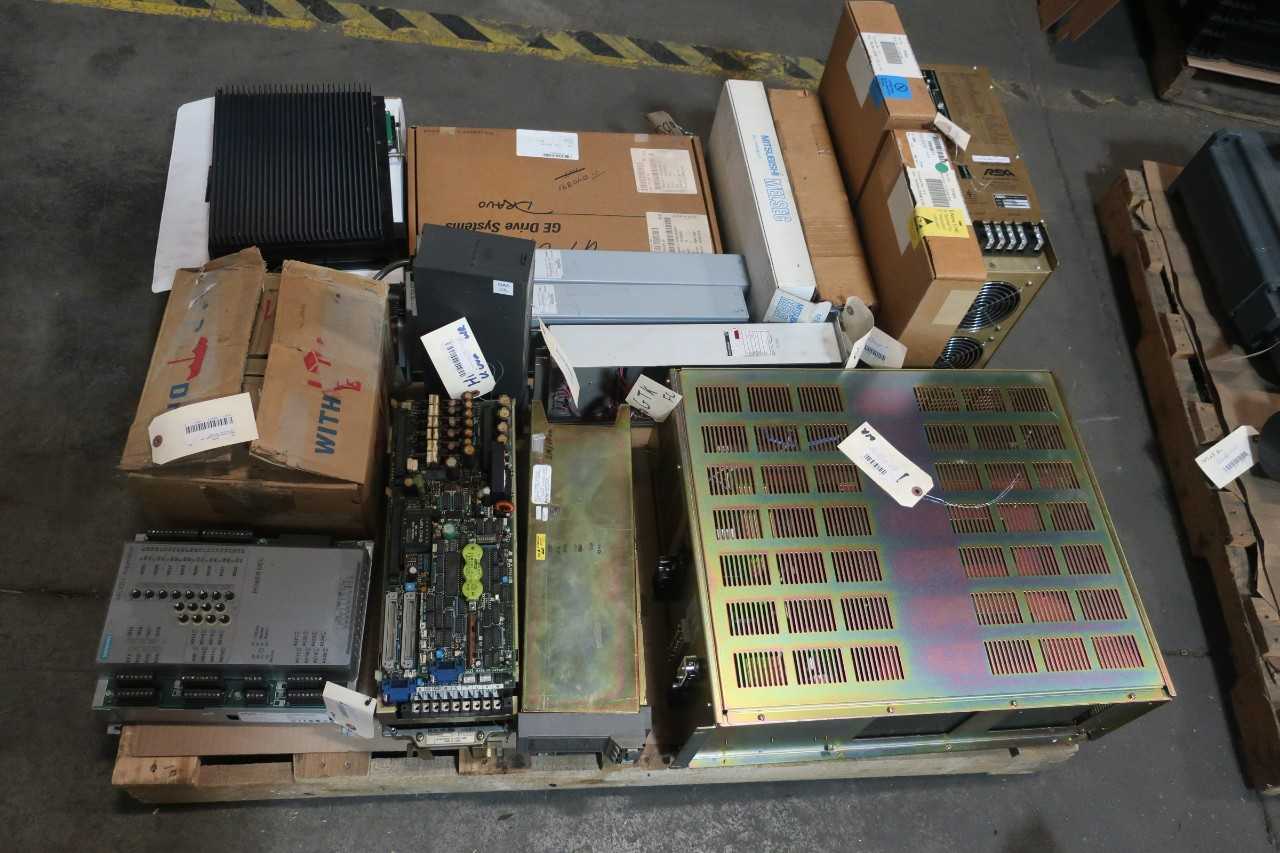 1 PALLET OF ASSORTED ELECTRICAL CONTROLS, MODULES, SERVO AMP, POWER SUPPLY, SERVO DRIVE- MITSUBISHI, ABB, YASKAWA, WESTINGHOUSE - ELECTRICAL COMPONENTS