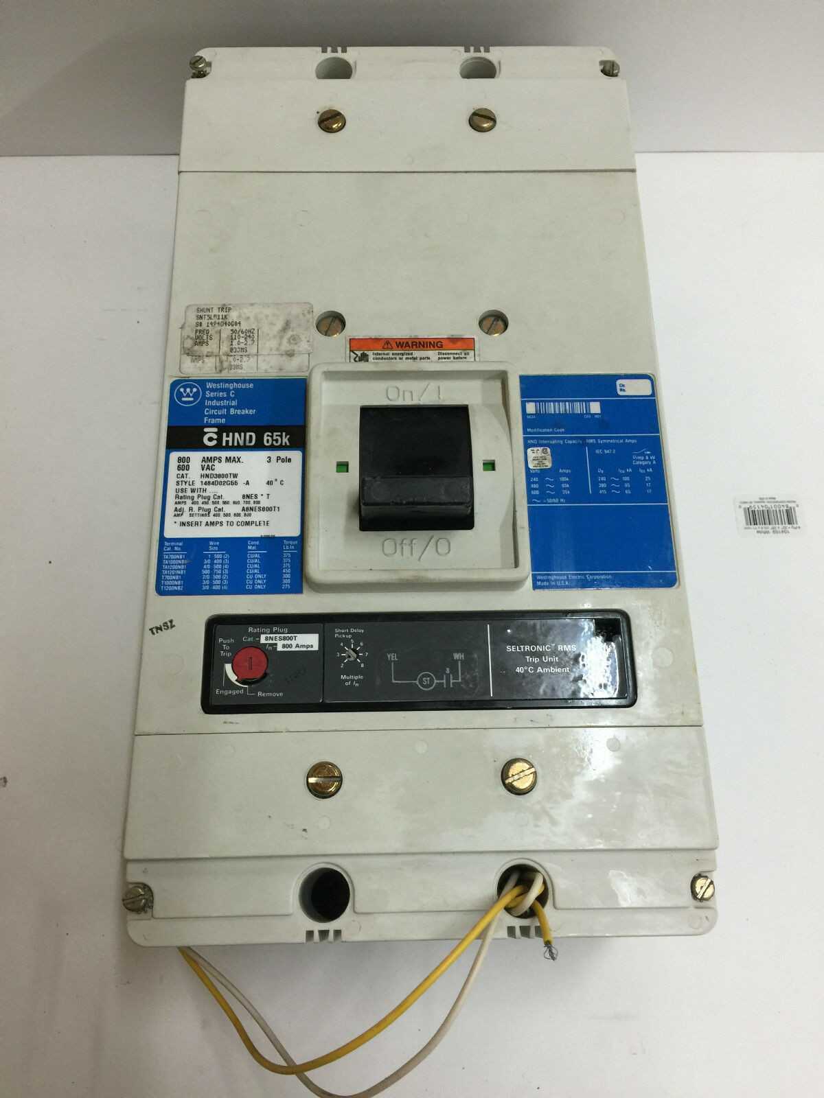 USED WESTINGHOUSE 800 AMP 3 POLE CIRCUIT BREAKER HND 65K CUTLER-HAMMER HND3800TW - CIRCUIT BREAKERS