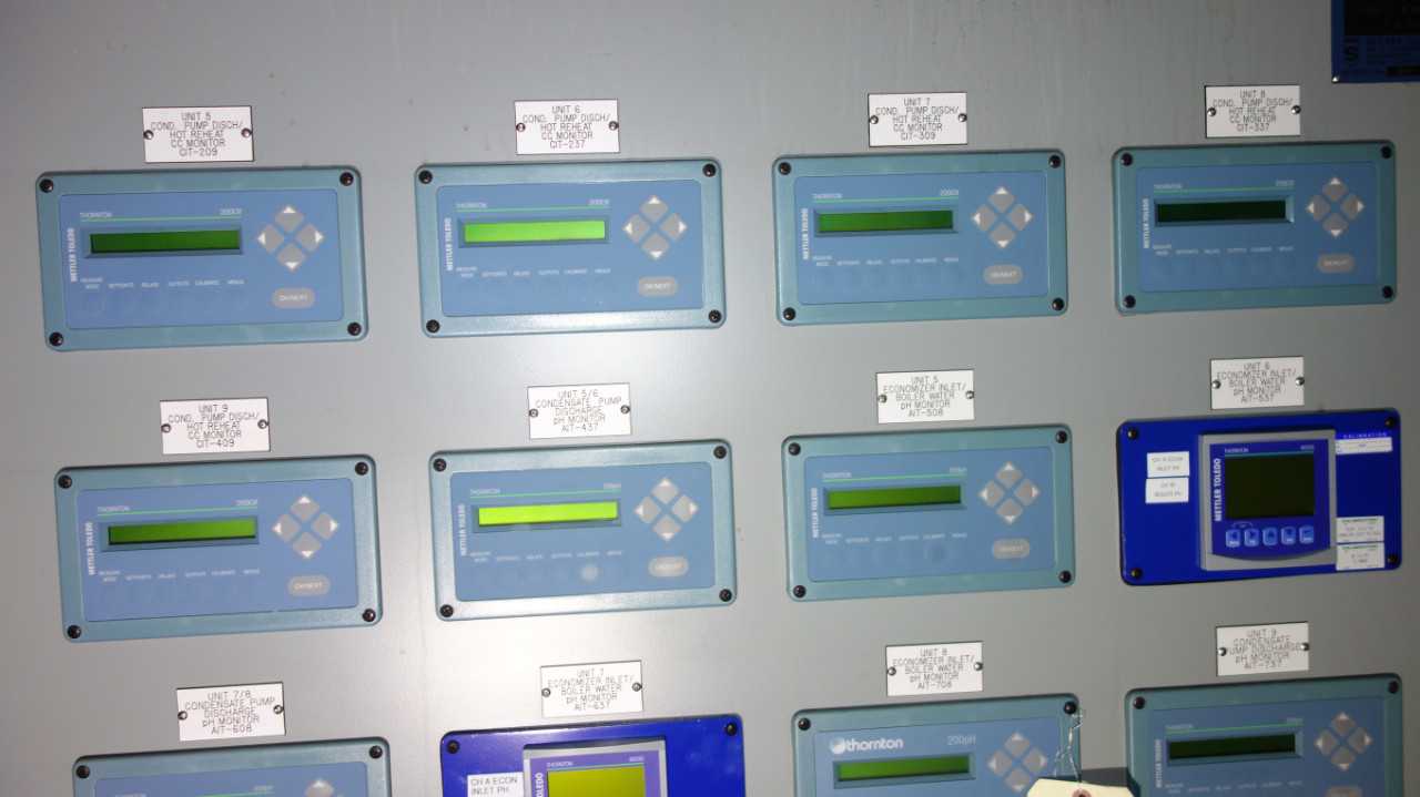 WALL OF ASSORTED ANALYZERS, METTLER, THORNTON, ABB - ANALYZER