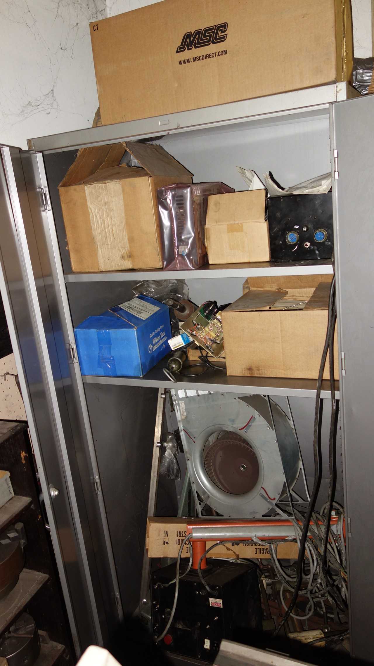 CABINET WITH CONTENTS, ASSORTED ELECTRICAL CONTROLS, SERVO DRIVES, AMPLIFIERS, BOARDS, CONTROLLERS, FANS, DYNAMICS, RELIANCE ELECTRIC - ELECTRICAL COMPONENTS