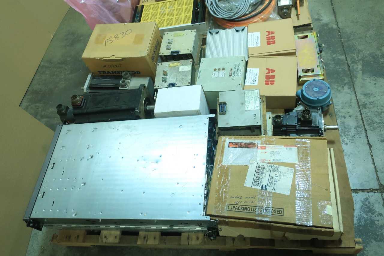 2 PALLETS OF ASSORTED ELECTRICAL SERVO INTERFACE BOARD, AMP CONTROLS, MODULE CONTROLS, SERVO MOTOR, MOTOR DRIVE, RELAY CONTROLS, CABLE-WIRE CONTROLS, SWITCH CONTROLS- FOXBORO, BAILEY, YASKAWA, MITSUBISHI, GE FANUC, EG&G, BELDEN, GAI-TRONICS - AUTOMATION & CONTROLS