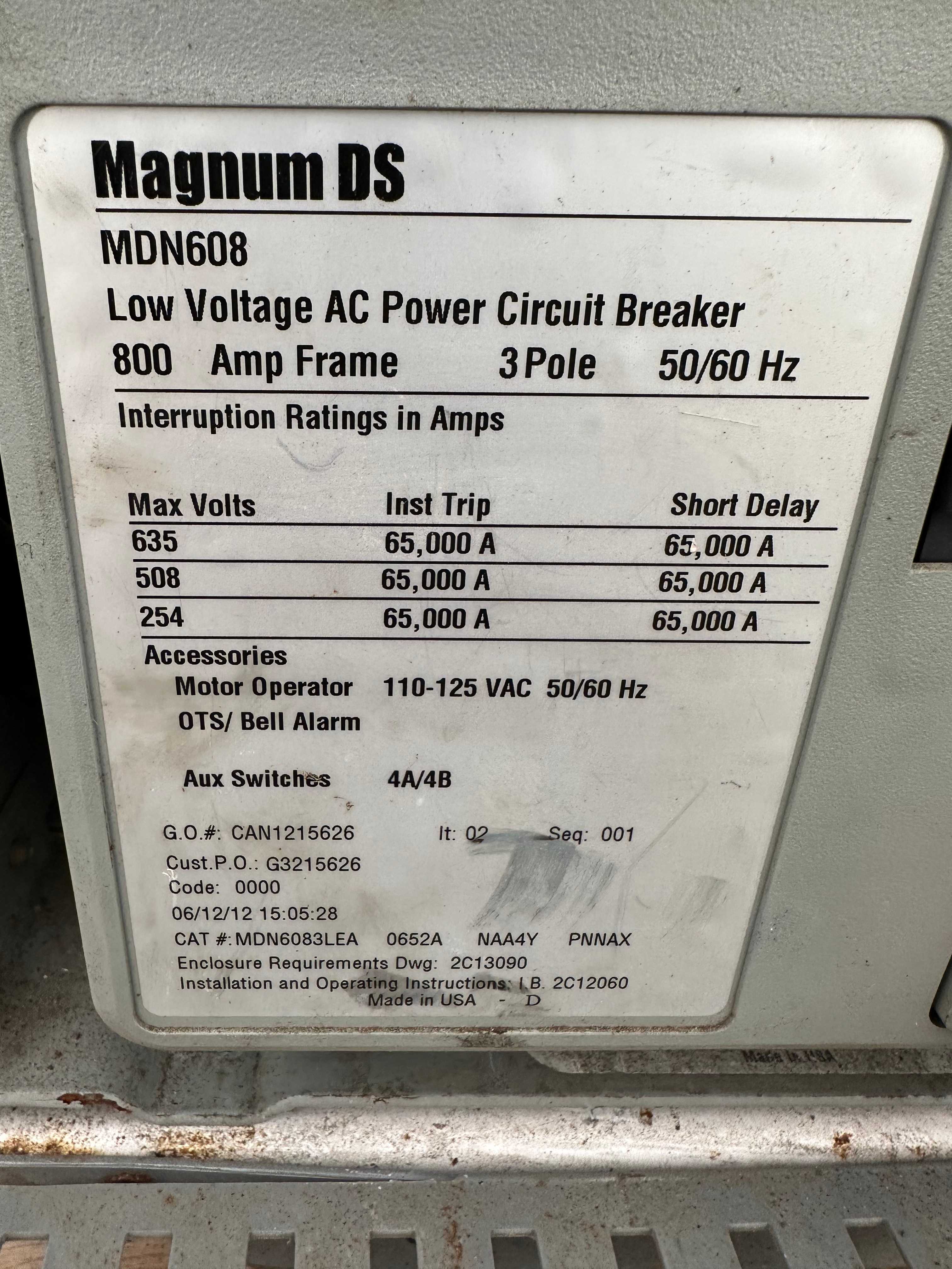EATON MDN608 MAGNUM DS LOW VOLTAGE AC POWER CIRCUIT BREAKER - CIRCUIT BREAKERS