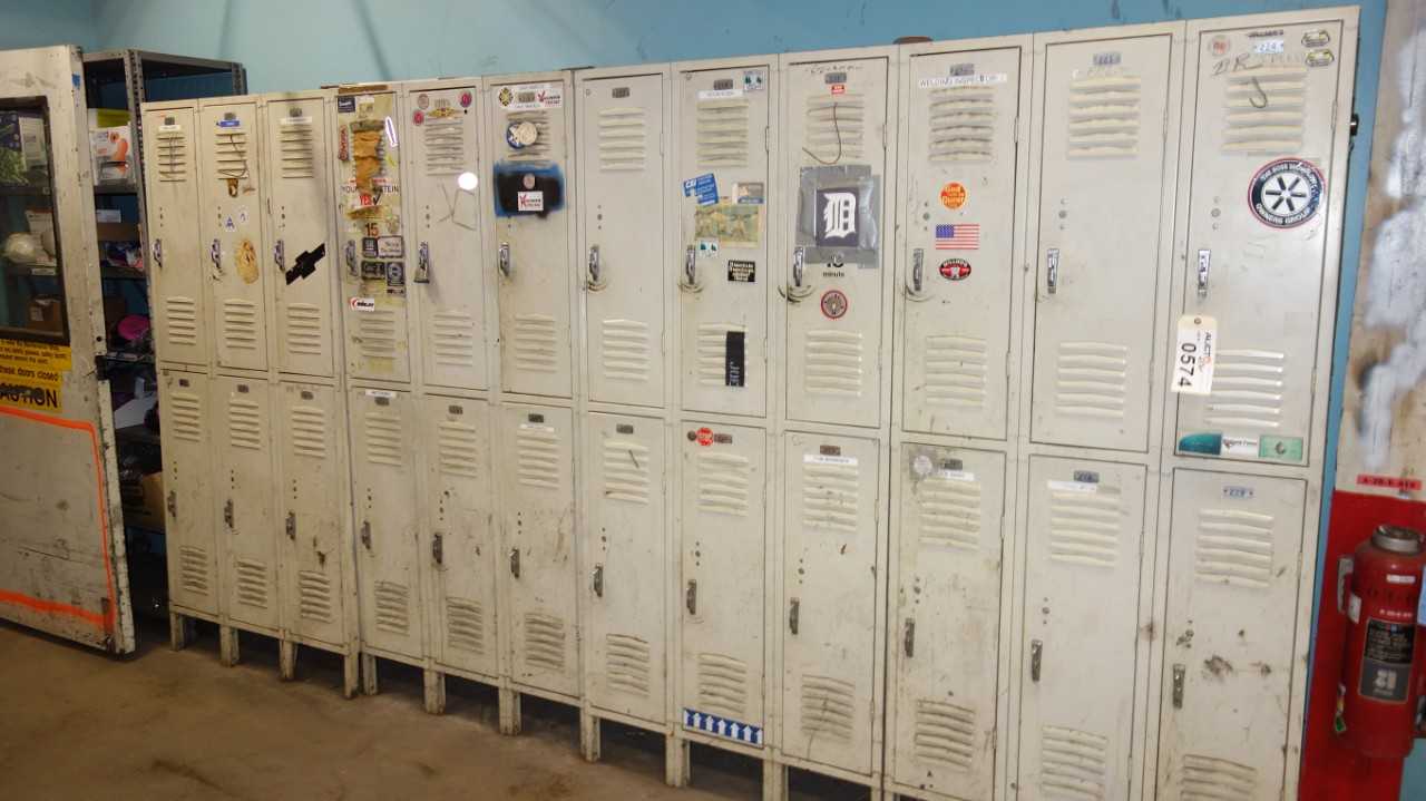 ASSORTED LOT OF 12 DOUBLE DOOR LOCKERS WITH CONTENTS - TOOL STORAGE