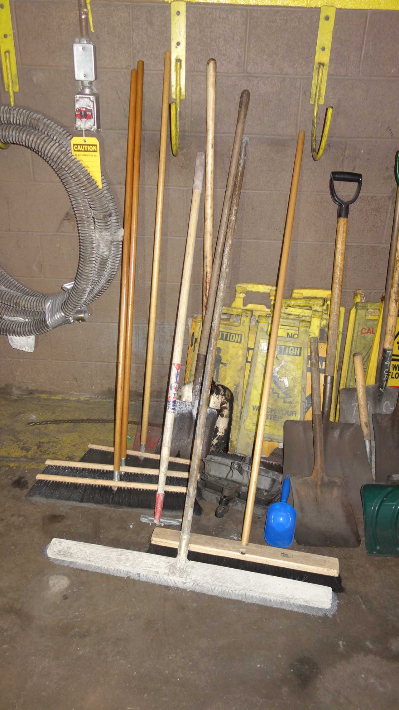 ASSORTED BROOMS, DUST PANS, SHOVELS, SIGNAGE - MISCELLANEOUS