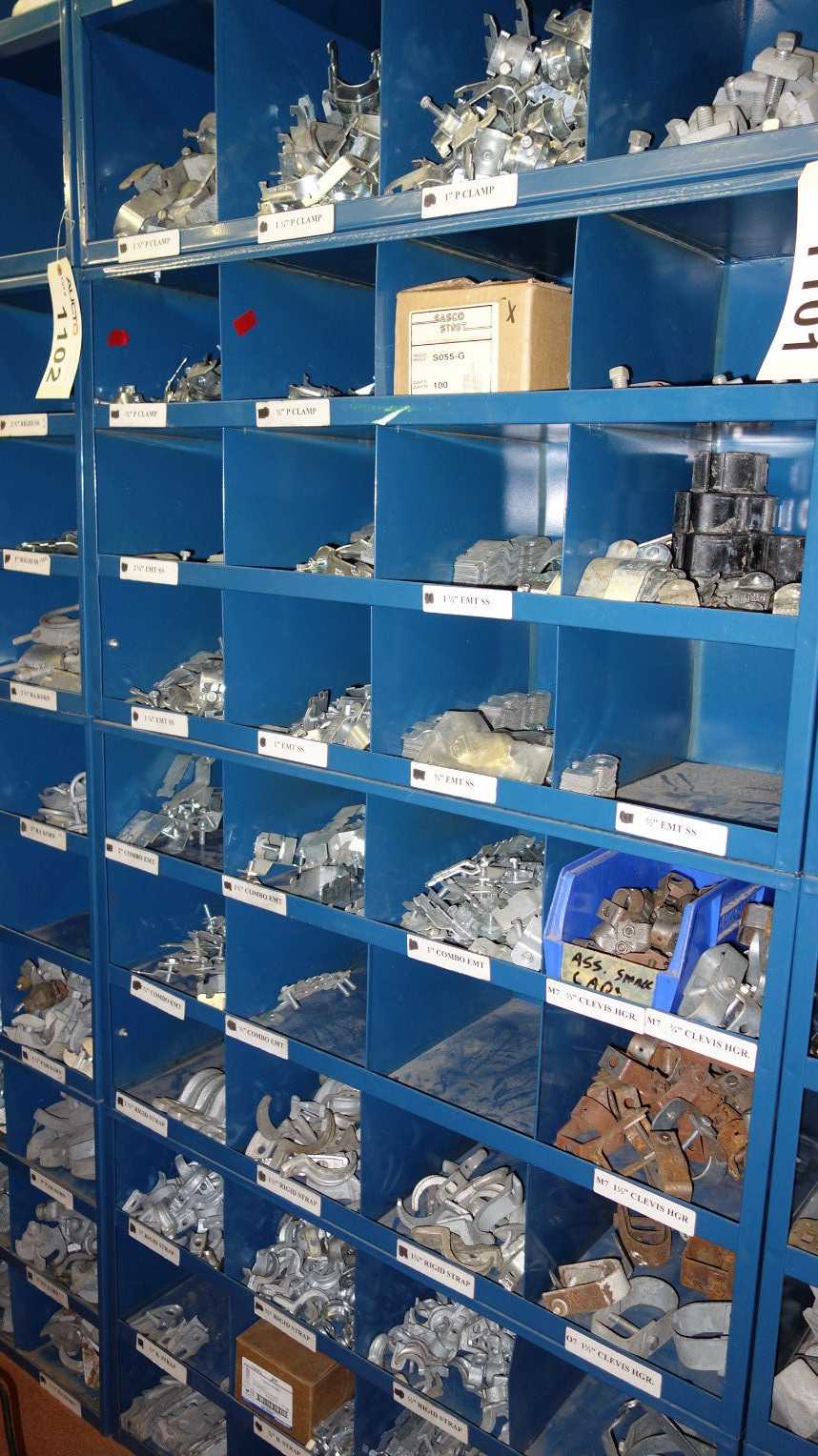 CONTENTS OF 4X STACKED PIGEON HOLE CABINET, ASSORTED ELECTRICAL CONDUIT - ELECTRICAL COMPONENTS