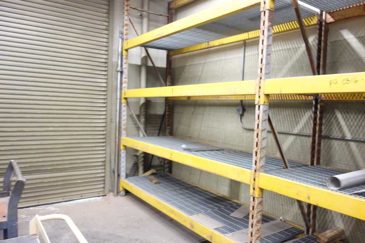 Lot of 3 sections of pallet racking with contents - 36" width, 10' and 11' uprights, 9' beams - PALLET RACKING