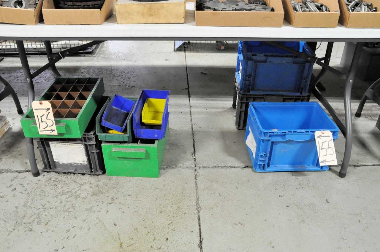 Lot Plastic Totes and Parts Bins with Wood Totes Under 1 Table - MATERIAL HANDLING