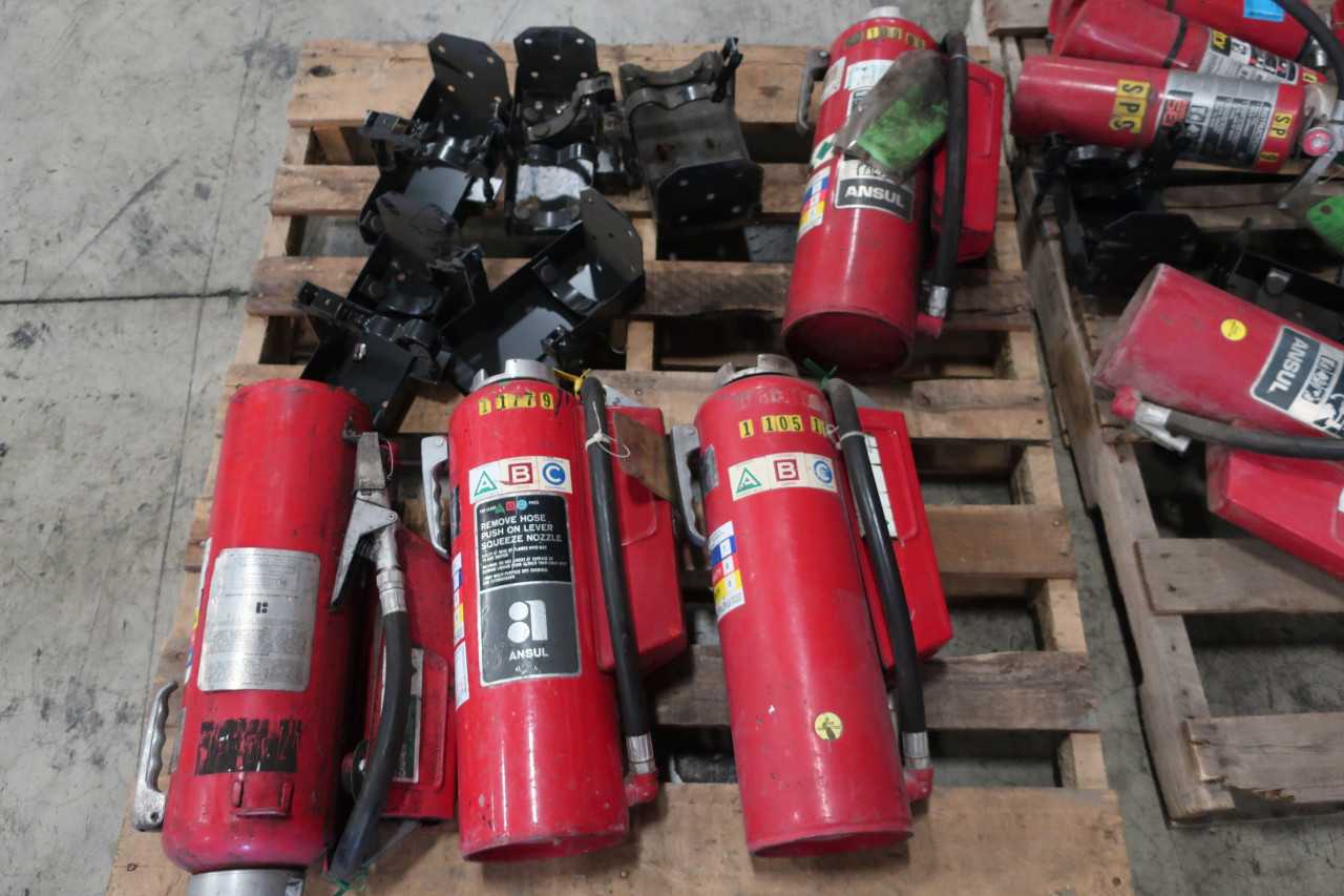 2 PALLETS OF ASSORTED FIRE EXTINGUISHERS & HOLDERS - SAFETY EQUIPMENT