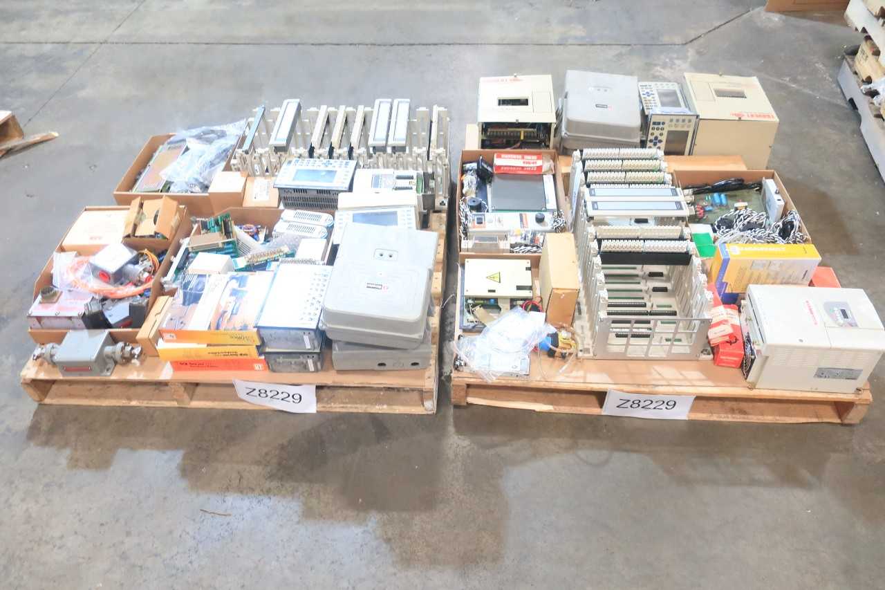 2 PALLETS OF ASSORTED ELECTRICAL CIRCUIT BOARDS, MOTOR DRIVE, INTERFACE PANEL CONTROLS, OPERATOR INTERFACE PANEL, CHASSIS RACK CONTROLS- MITSUBISHI, TOBISHA, AEG MODICON, TELEMECANIQUE, SIMPLEX, ABB - AUTOMATION & CONTROLS