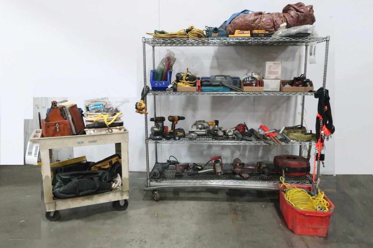 CHROME WIRE 4 SHELF RACK AND UTILITY CART WITH ASSORTED HAND TOOLS,PARTS & ACCESSORIES - HAND TOOLS