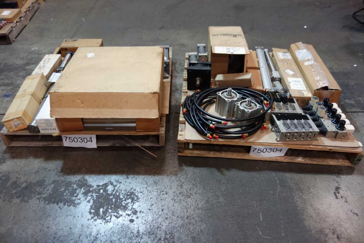 2 PALLETS OF ASSORTED PNEUMATIC VALVES, CYLINDERS, REGULATORS- MOORE, PARKER, CAT - VALVES