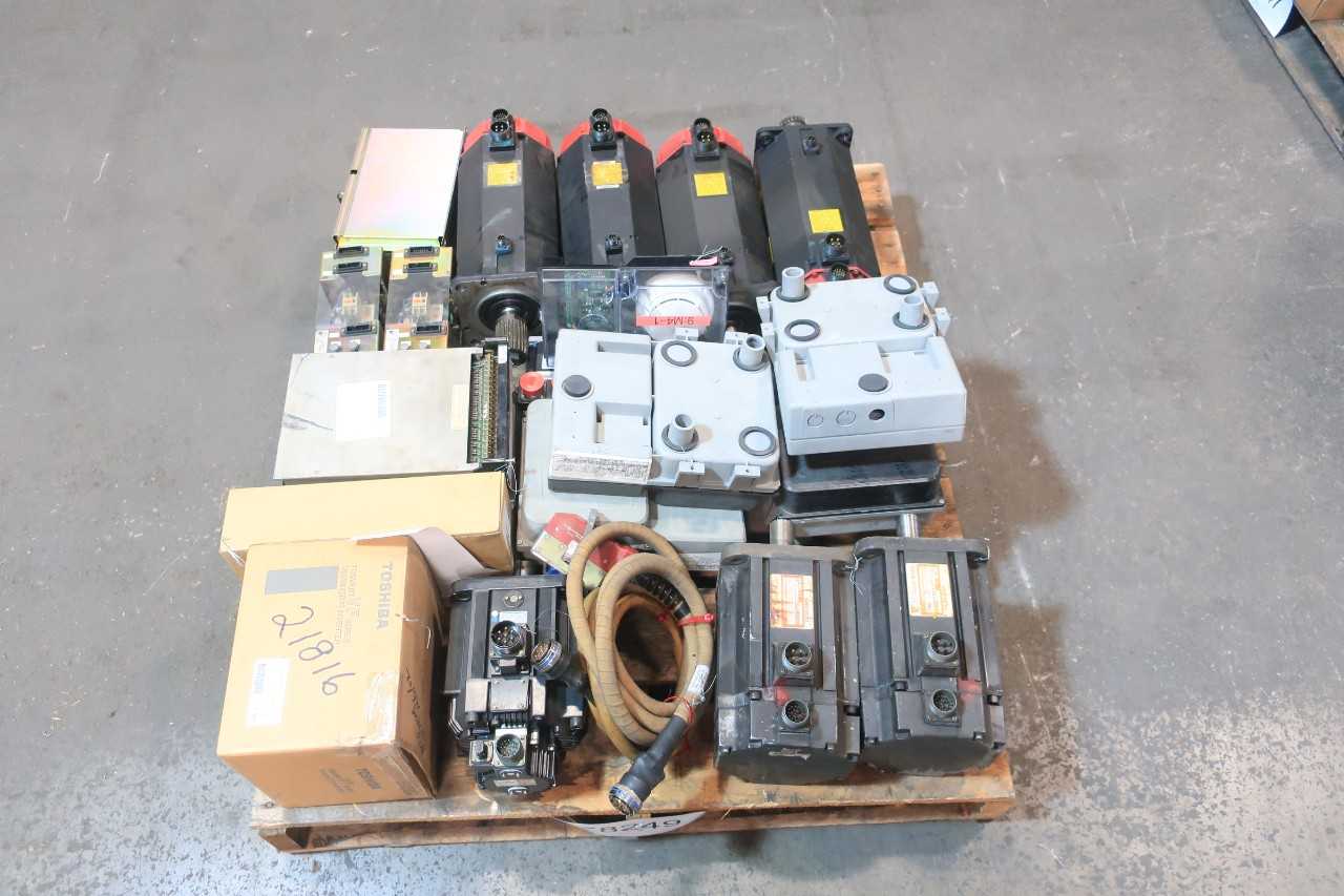 1 PALLET OF ASSORTED ELECTRICAL SERVO MOTORS, OUTPUT MODULE, SMOKE DETECTOR, POWER SUPPLY, SERVO AMP, CABLE-WIRE CONTROLS, MOTOR DRIVE- FANUC, YASKAWA, TOBISHA, DANAHER, SIMPLEX, GOULD - SERVO